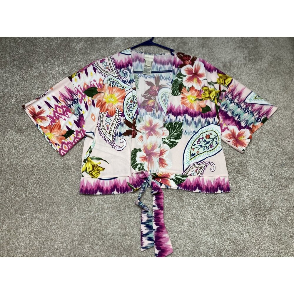 Chicos Floral & Paisley Kimono Topper 1P Front Tie Polyester Vivid Colors